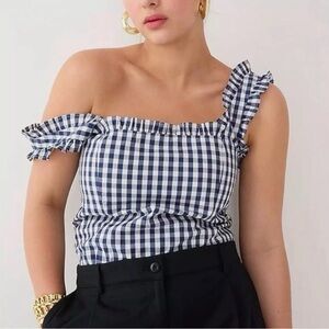 NWT J. Crew Ruffle-Trim Stretch Poplin Gingham Top - Blue and White - Size Smal